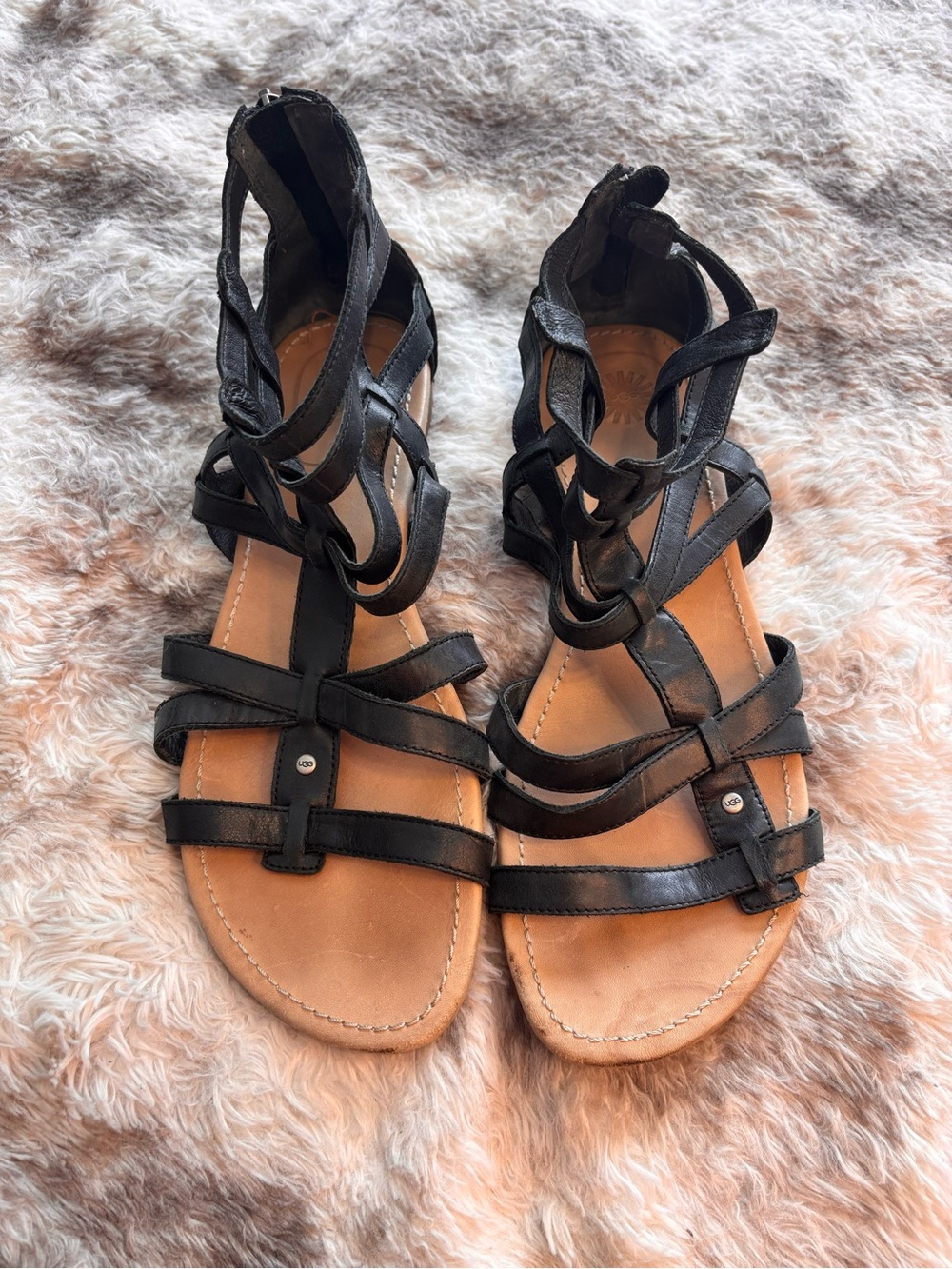 UGG Black Strappy Gladiator Sandals with Tan Footbed